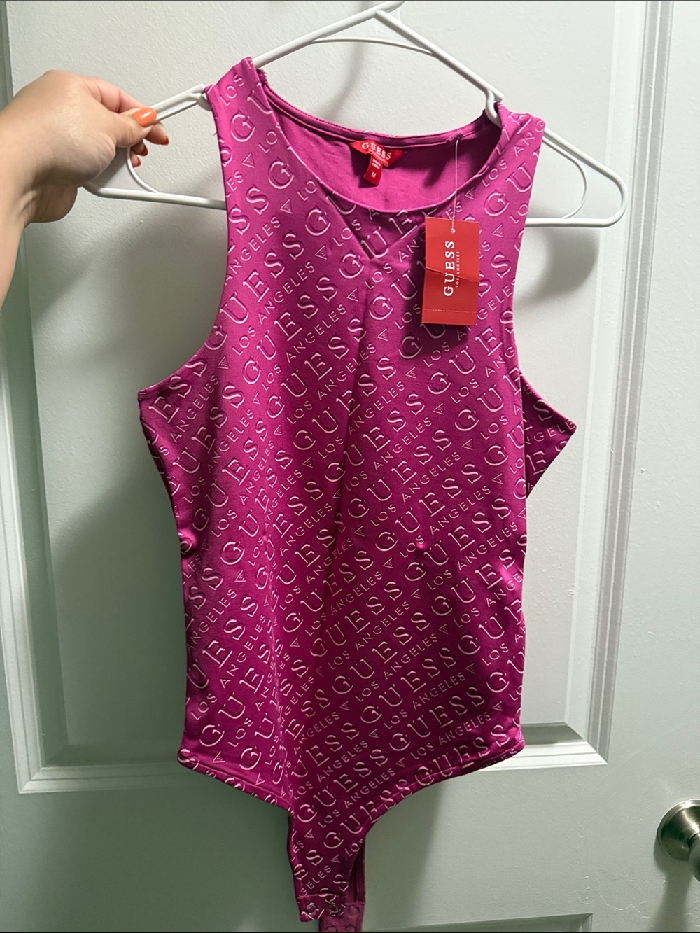 GUESS Fuchsia Logo-Text Tank Bodysuit
